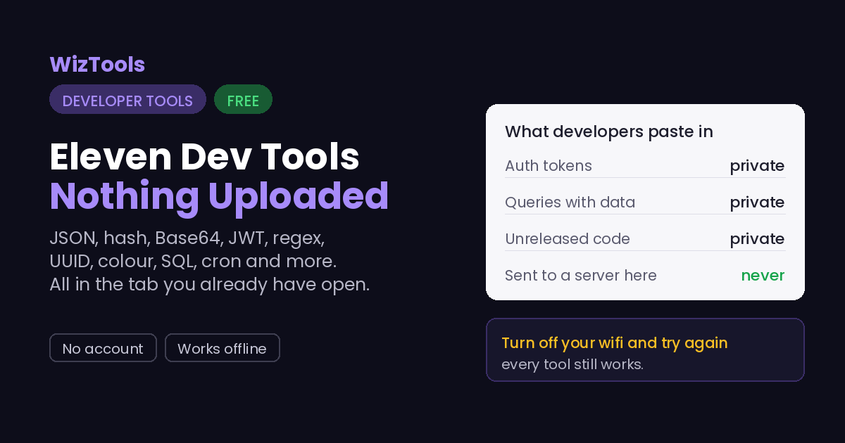 Free Online Developer Tools, JSON, Hash, Base64, JWT, Regex, Cron & More Tools
