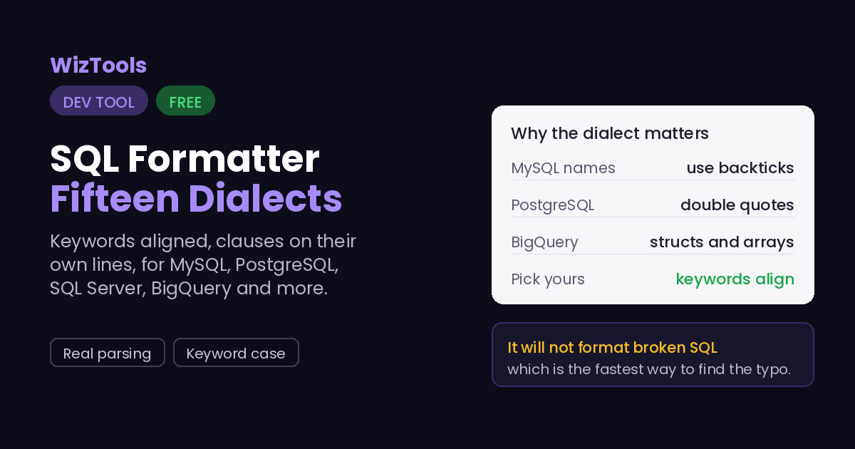 Free Online SQL Formatter and Beautifier for Many Dialects