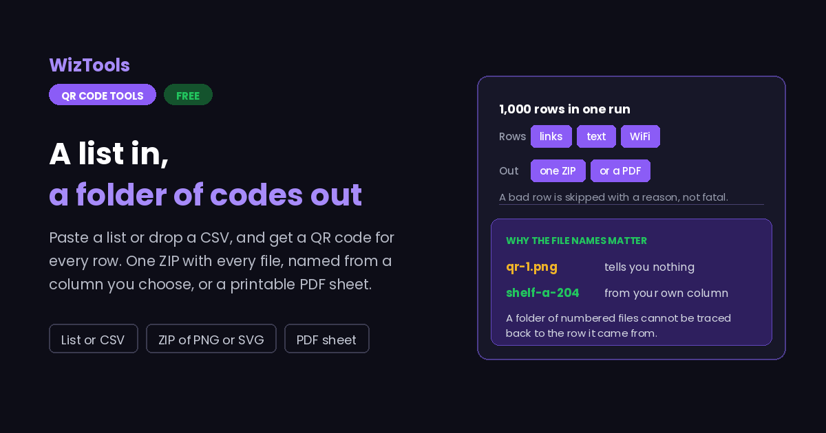 Free Online Bulk QR Code Generator, CSV In, ZIP Out