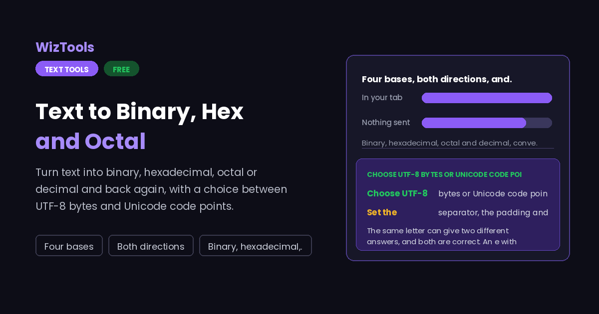 Free Online Text to Binary, Hex, Octal and Decimal Converter